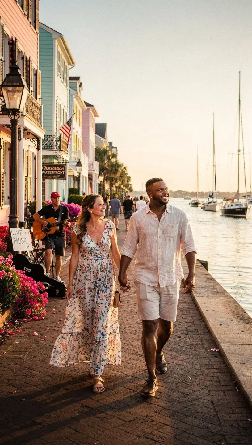 Para trzymająca się za ręce podczas spaceru po malowniczym molo.