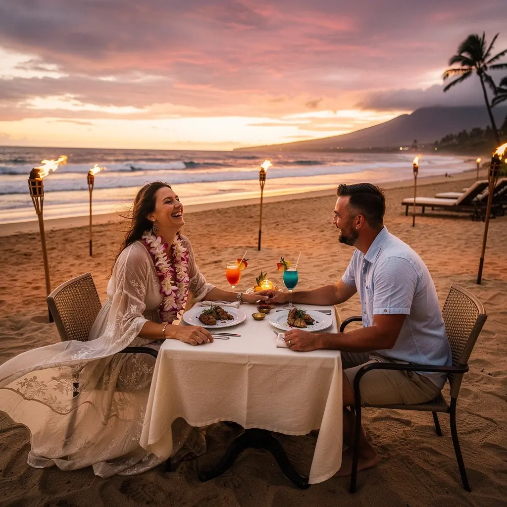 Romantyczna plaża o zachodzie słońca, idealna na podróż poślubną.