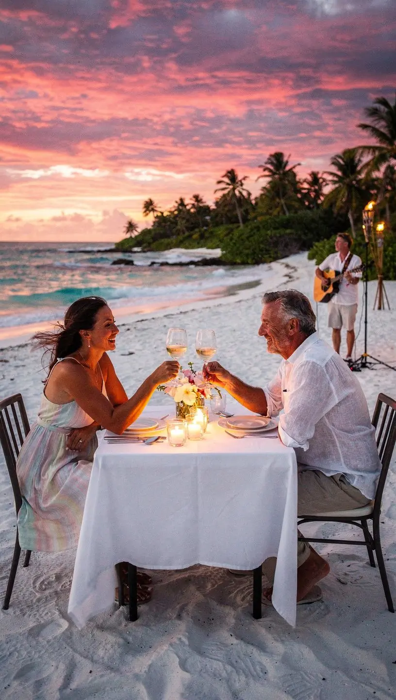 Romantyczna plaża z zachodem słońca, idealna na miesiąc miodowy.